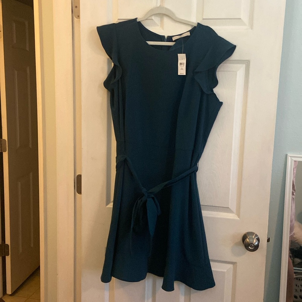 LOFT Teal Cap-Sleeve Tie-Waist Mini Dress